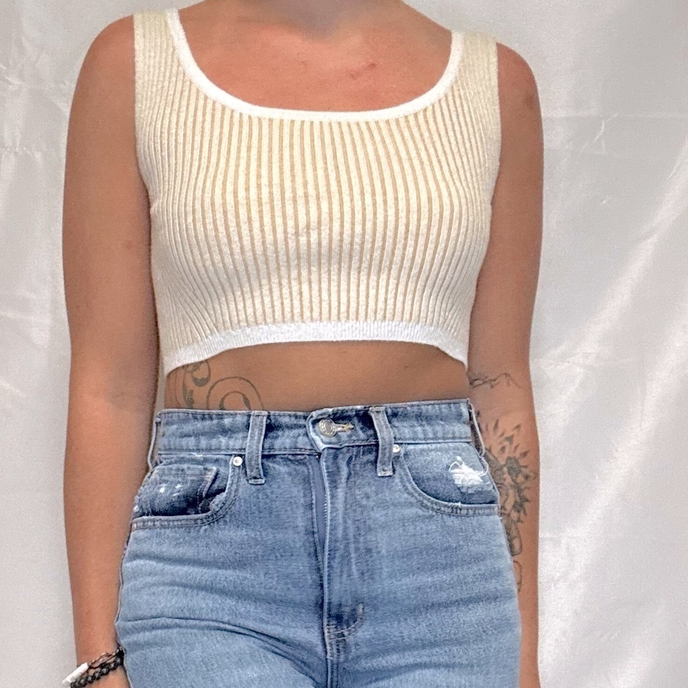 Beige and Cream Striped knit sleeveless top